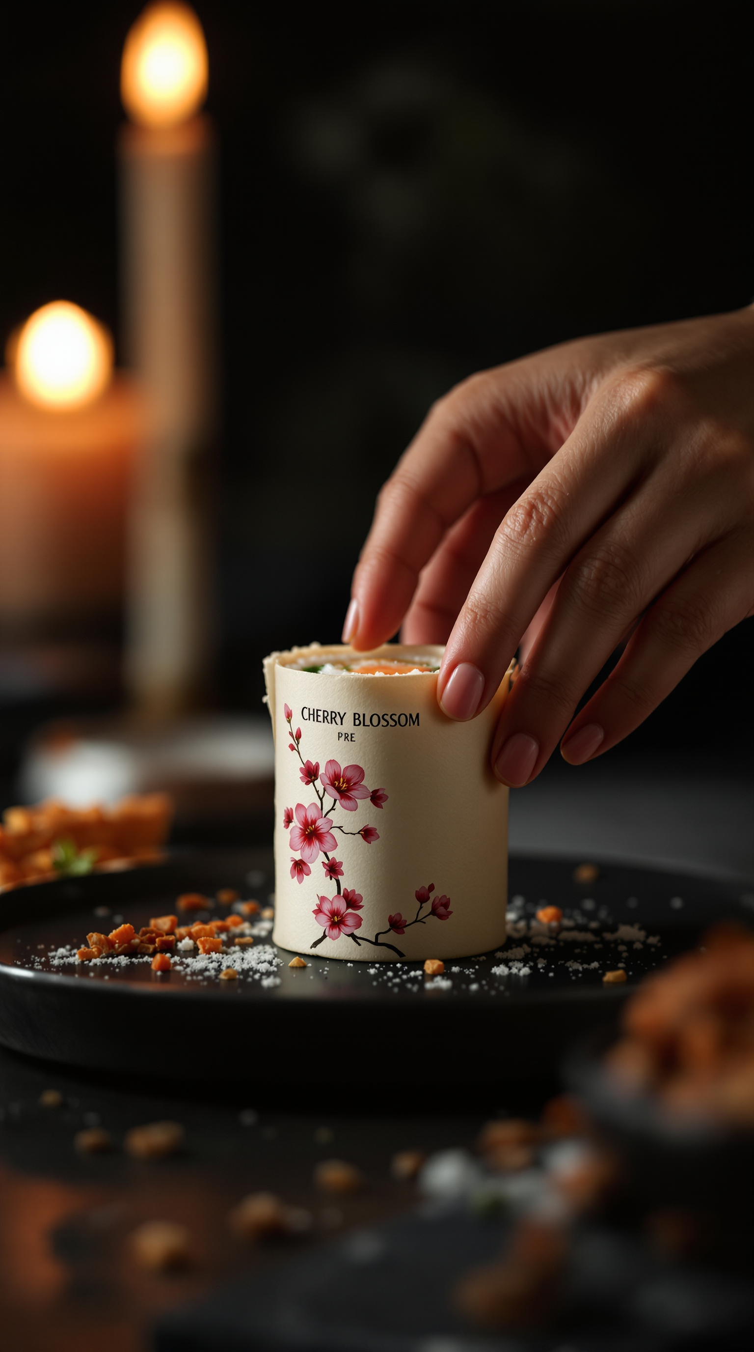 Handen houden Sushi Rol push-pop tube vast bij kaarsenlicht